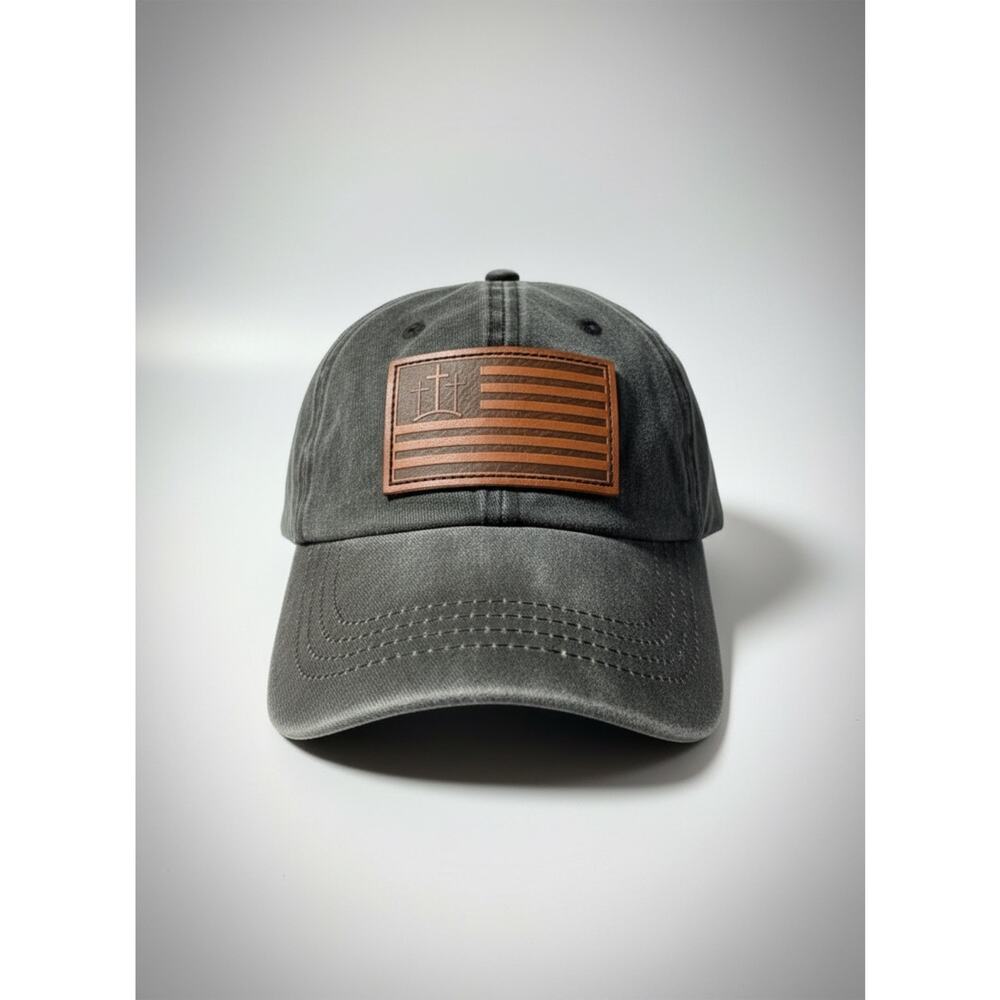 Faith & Freedom Leather Patch Flag Dad Hat | Faded Denim Cotton Cap